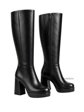 Square Toe Knee High Platform Boots Chunky Heel Side Zip PU